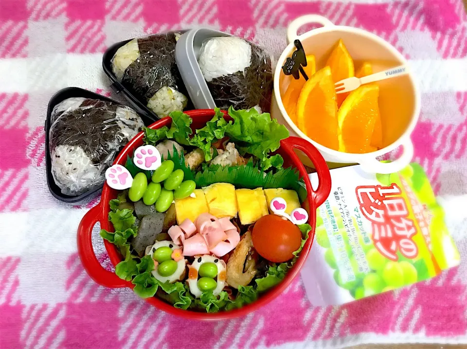 総体🎾おにぎり弁当＊明太子おにぎり・梅かつおふりかけおにぎり・海苔たまふりかけおにぎり・トンテキ梅しそ・玉子焼き・こんにゃくゴボウ煮物・根日女みどり&ちくわ甘辛・ちくわ君・枝豆
 #お弁当  #おにぎり  #おにぎり弁当|華恋さん