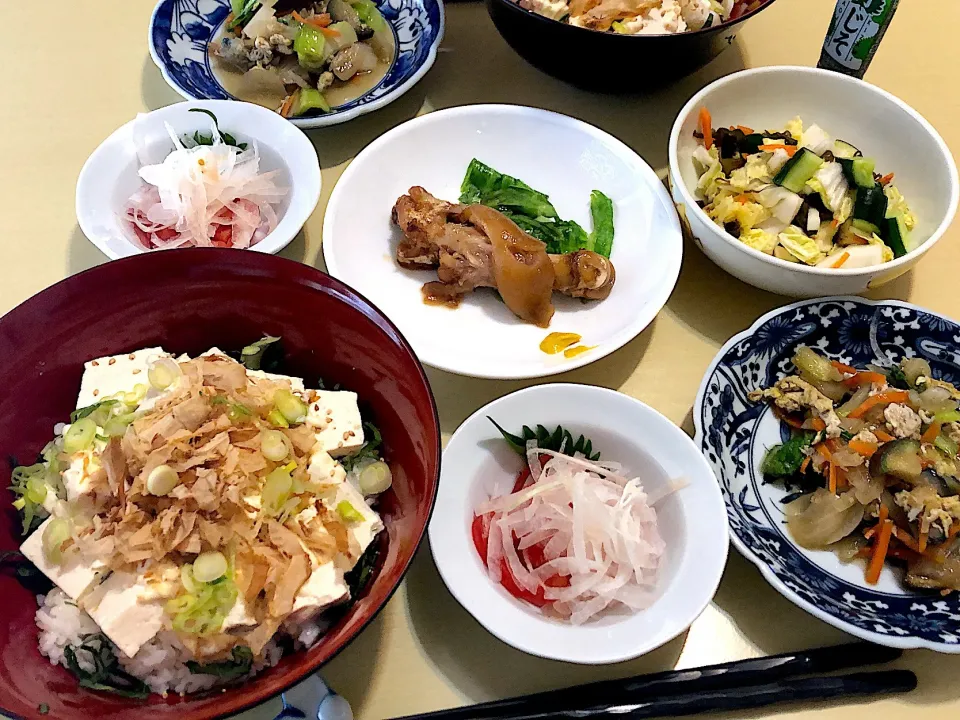 6／29昼食  #昼ごはん 
•豆腐のっけ丼 •野菜炒め •豚足 •トマトと玉ねぎのサラダ •浅漬け  ‥やる気のない日のお助けご飯"豆腐丼"  大葉、揚げ玉、ねぎ、生姜、おかかを乗せてお醤油で！ あとは昨夜の残りおかず動員‥|おさんどんさん