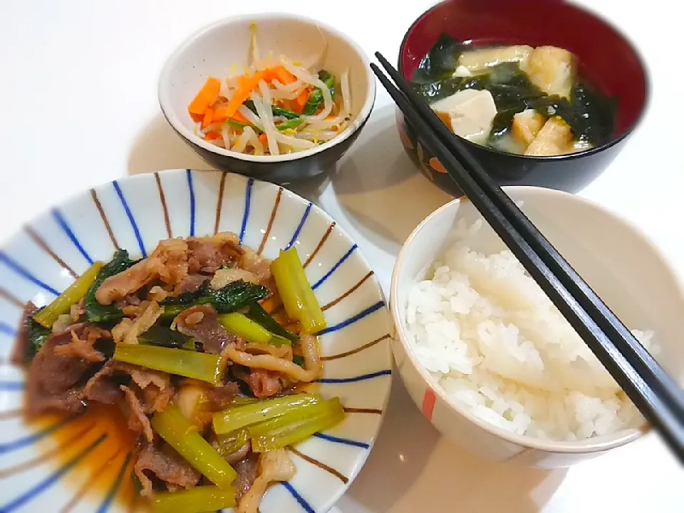 豚肉と小松菜の甘辛煮
味噌汁
人参ともやしとほうれん草のナムル|きささん