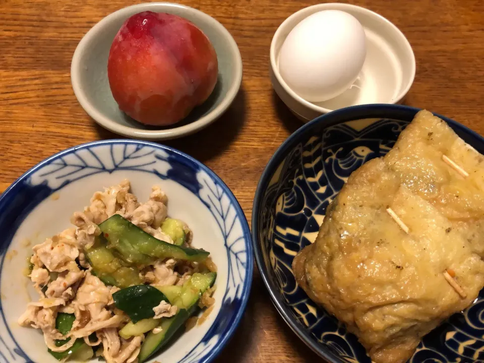 ひじきの袋煮、豚しゃぶ、温泉卵、プラム|akesanさん