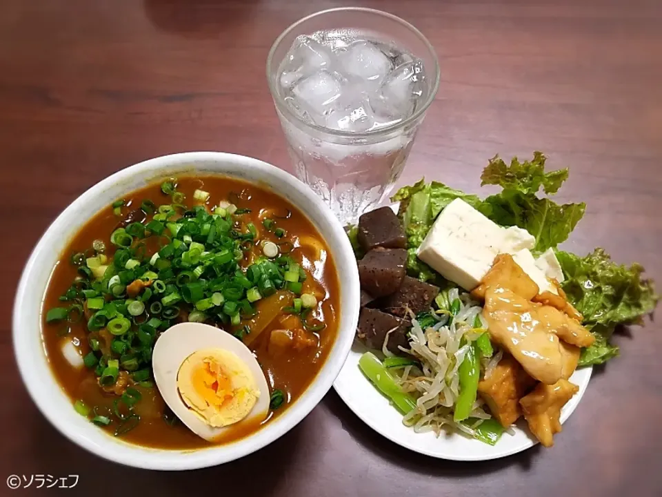 今日の晩ご飯だよ(*^^*)
★カレーうどん
★もやしと小松菜のナムル
★厚揚げと鶏肉の揚げ出し
★こんにゃくの土佐煮
★豆腐サラダ|ソラシェフさん