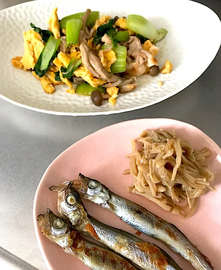 Snapdishの料理写真:#青梗菜と卵と豚肉としめじの炒め物#ししゃも#えのきの佃煮|ケイさん