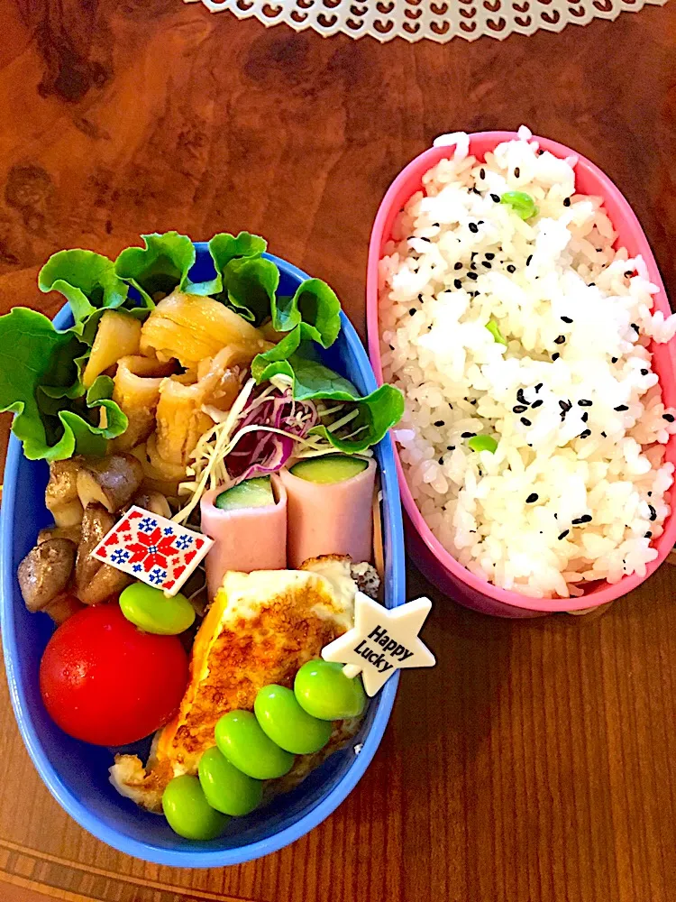 Snapdishの料理写真:#豚の生姜焼き 弁当 #枝豆|yakkoさん