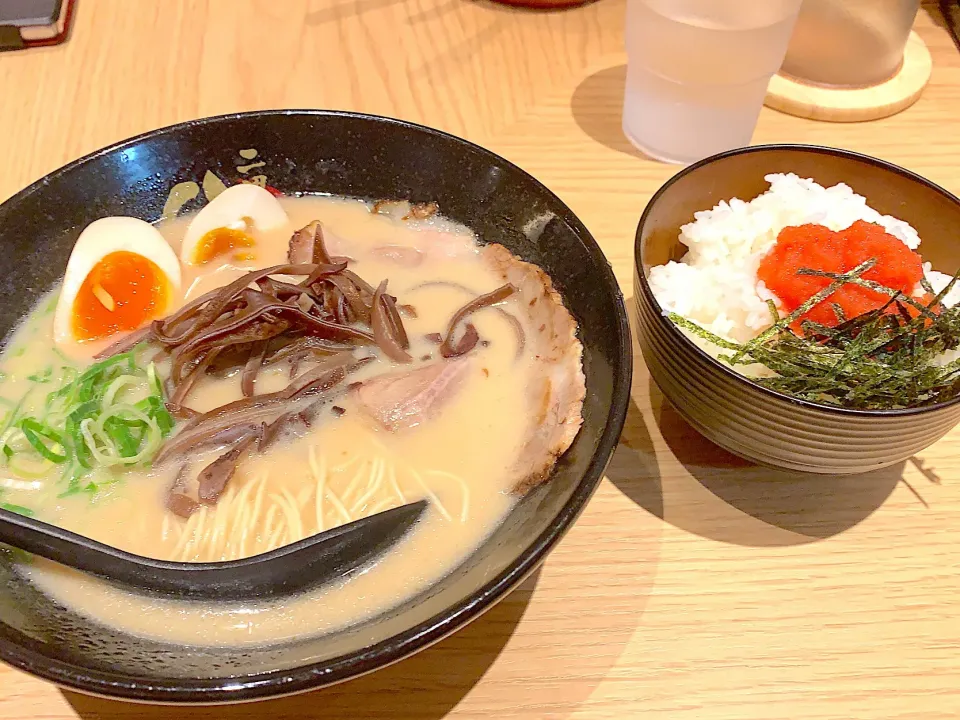 Snapdishの料理写真:煮卵豚骨ラーメン&明太ご飯|スーケーさん