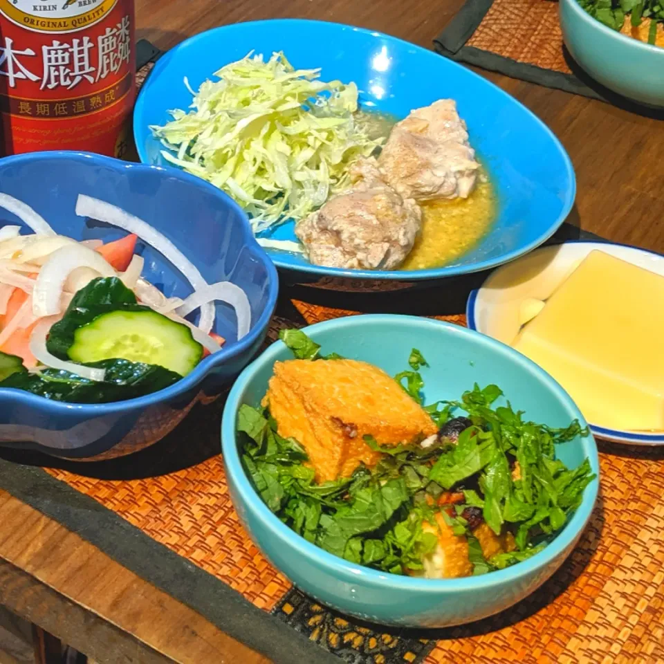 チキン焼き＆玉子豆腐＆厚揚げ＆生野菜サラダ|まぐろさん