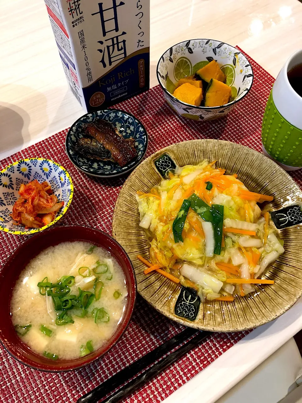 鯖の野菜餡掛け  かぼちゃの煮物 キムチ  甘酒入り味噌汁|キヨさん