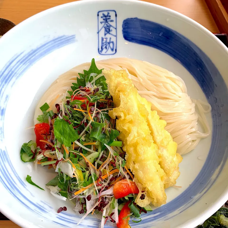 比内地鶏のササミ天と十三種の彩香味野菜のゴマたぬきぶっかけうどん|r1990297さん