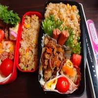 Snapdishの料理写真:ガーリックライス弁当

＊豚の焼き肉炒め
＊切り干し大根
＊ウインナー
＊ハムエッグ
＊カニカマ
＊プチトマト|Naoさん