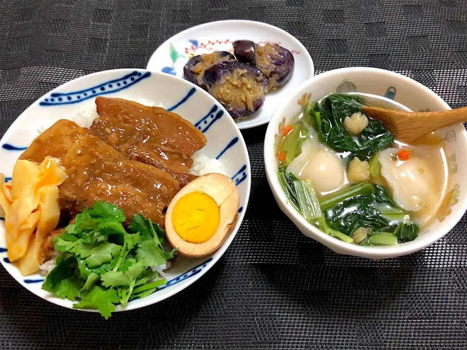 ルーロー飯、スープ水餃子、茄子の冷製|ばるぞうさん