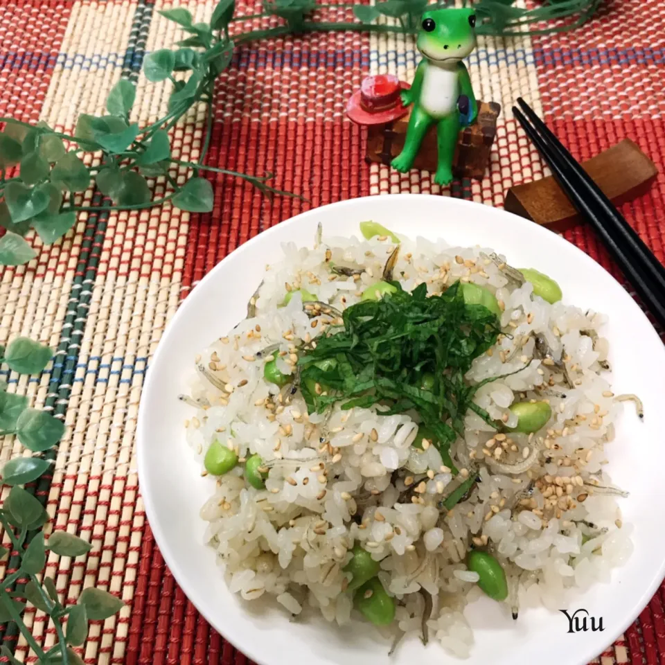 からあげビールさんの料理 味付けひとつで簡単♪カリカリしらすと枝豆のうめこんぶ茶混ぜご飯|ゆうさん