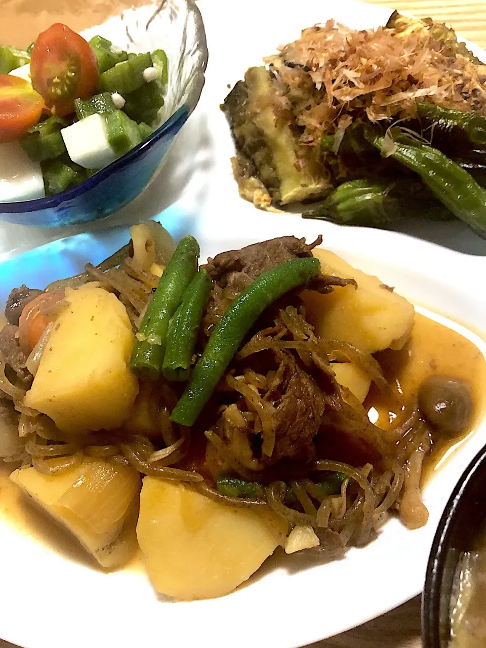 肉じゃが、焼き茄子とシシトウ、オクラと山芋の出汁和え|caoさん