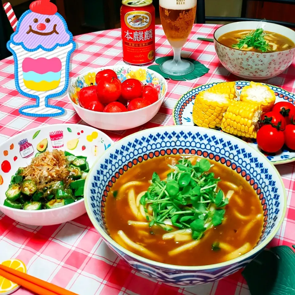 🍀昨夜のカレーリメイク
　お出汁が効いた
　和風カレーうどん🍜
🍀オクラのおかか醤油
🍀レンチン🎵とうもろこし🌽
🍀プチトマト🍅
🍀すもも🍑|yukaringoさん