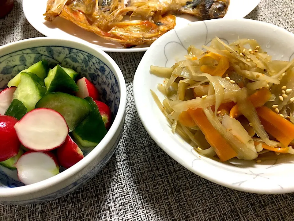 きんぴらごぼうと浅漬け野菜🥢|くっきいさん