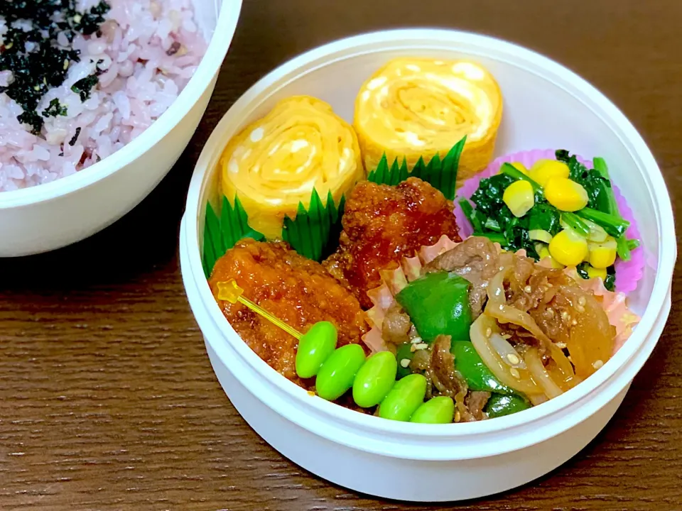 #旦那弁当 
🌸 牛肉とピーマンの甘辛炒め 他弁当 🌸|たんちゃんさん