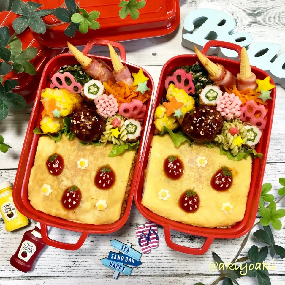 Snapdishの料理写真:いちごオムライス弁当|Akiyoෆ¨̮⑅さん