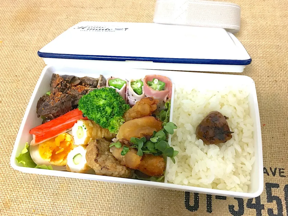 男弁当(7/5)  #男弁当  #男飯 #いつもいる紅茶煮
#作り置き だから仕方ない 
#新メンバー #唐揚げ風|ANDYさん