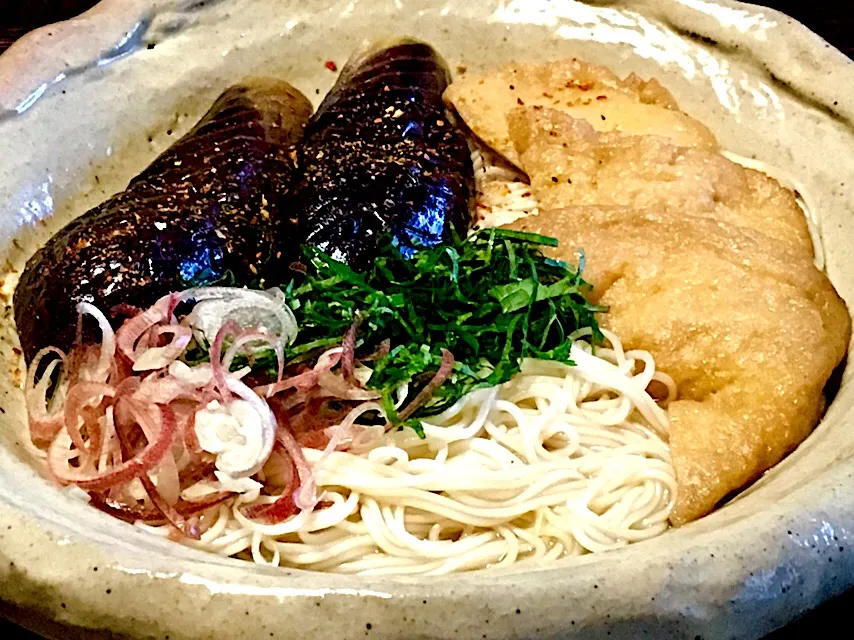 香川郷土料理 なす素麺
・揚げ浸しぶっかけと酷似かな❓
・薬味等アレンジ|mottoさん