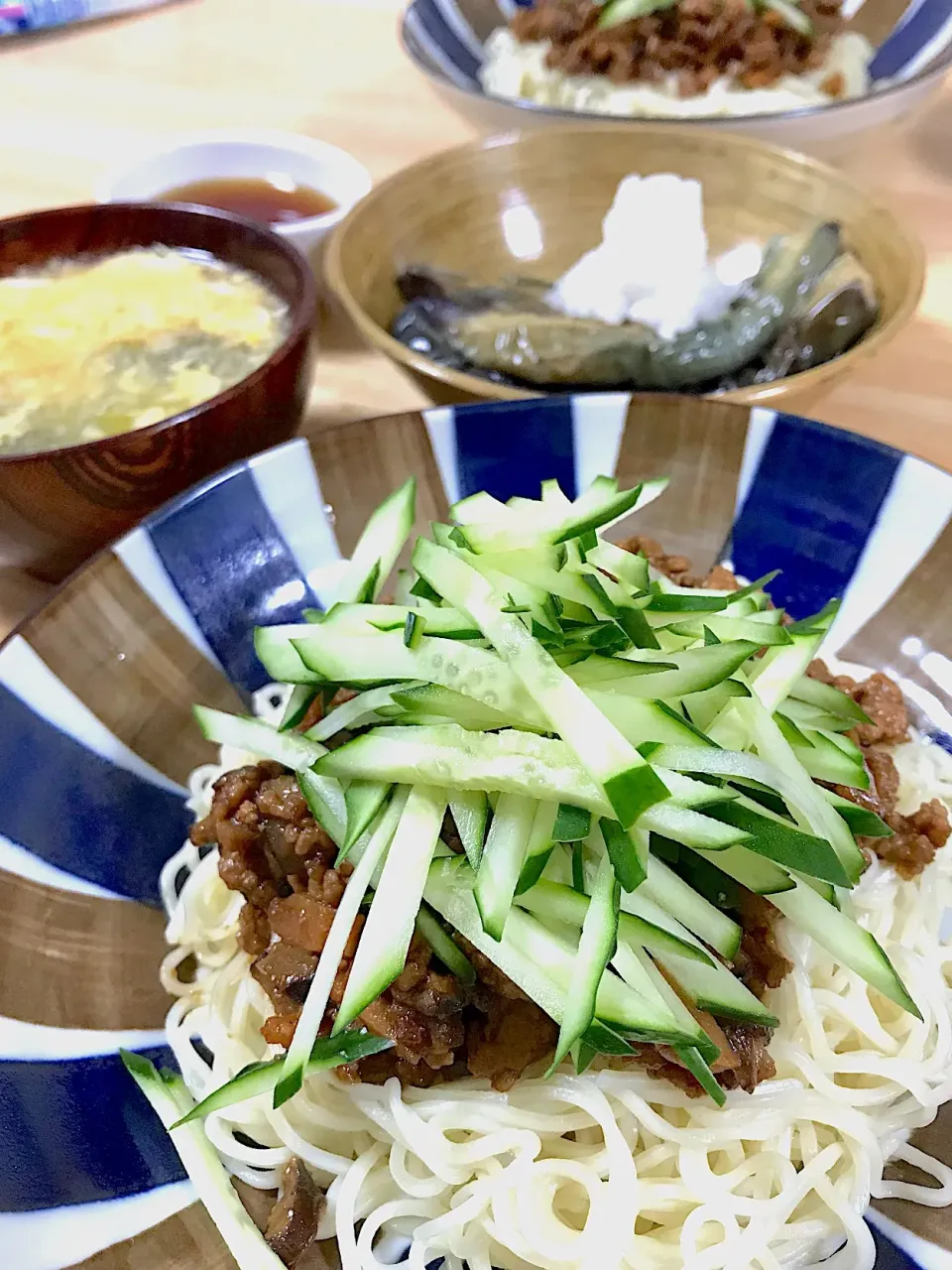 Snapdishの料理写真:#ジャージャー麺#揚げ茄子 #青梗菜と卵のスープ|ケイさん