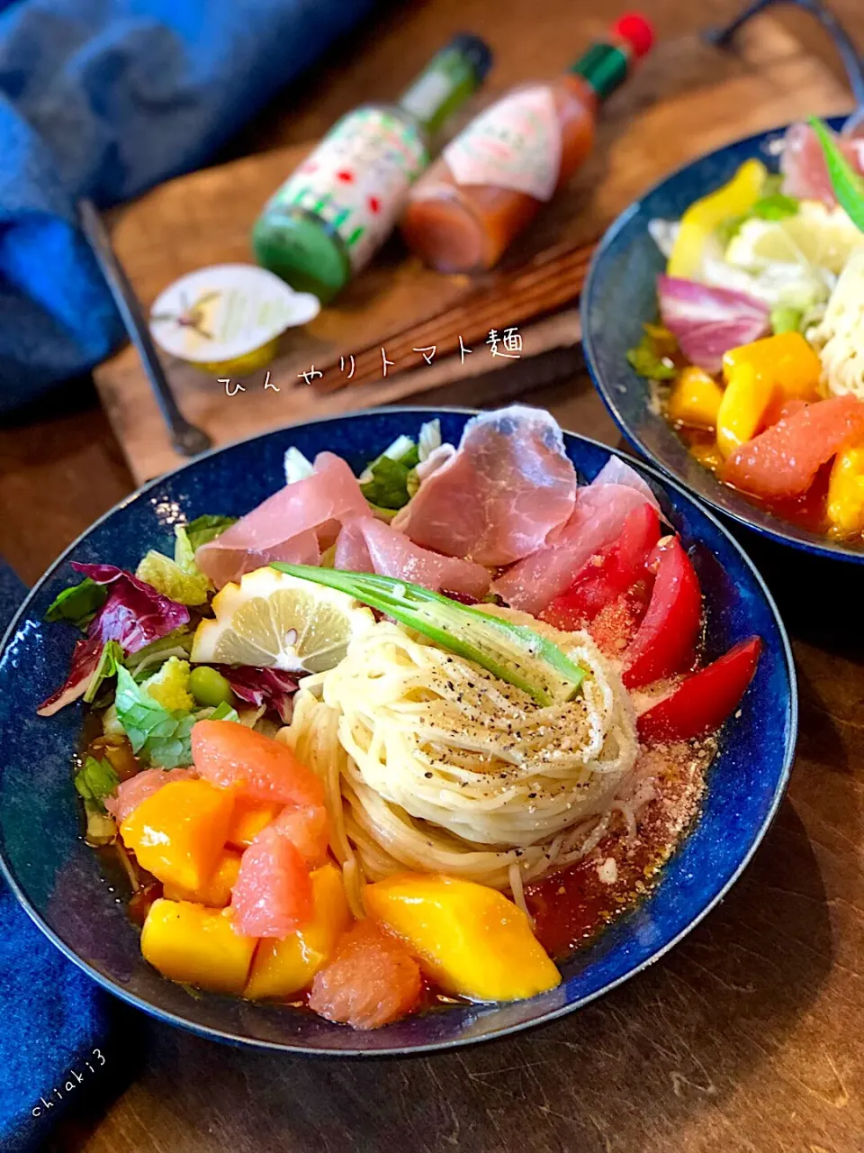 chiaki3さんの料理 太陽のトマト麺 🍅 マンゴーと生ハムの欲張りトマト冷麺をマルちゃん生麺 冷やし中華で再現〰✨→今回はラ王冷やし中華麺を使って🍅|chiaki3（平川ちあき）さん