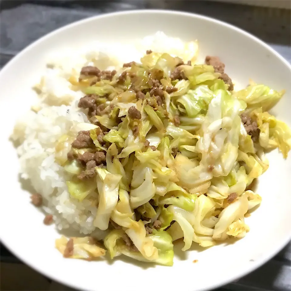 今夜は、キャベツとひき肉の味噌炒めライスを頂きます🎵|ギムレットさん