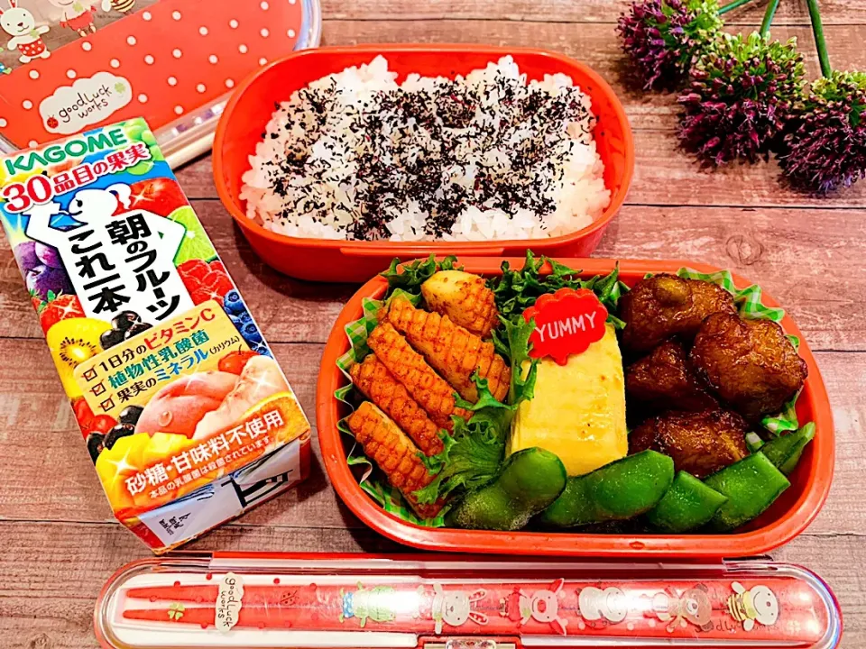 Snapdishの料理写真:JKお弁当
#ピリ辛イカ焼き
#卵焼き
#枝豆半平煮
#枝豆
#ゆかりごはん|いちごさん