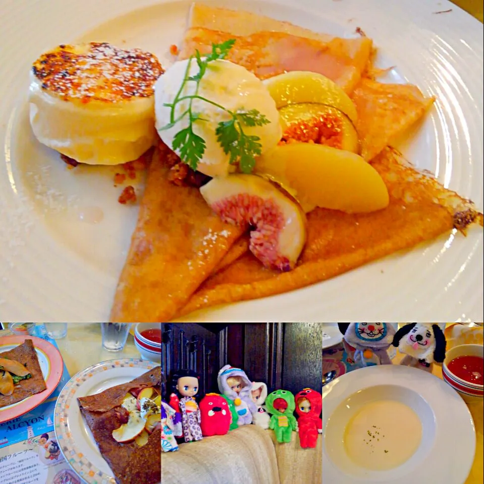 クレープリーアルションでランチ☀🍴ノルマンディ　カマンベールチーズに蜂蜜りんごソーセージとジャガイモのガレットとイチジクと白桃とクリームチーズのジェラート桃のシブーストを添えて　クレープ|うたかた。さん