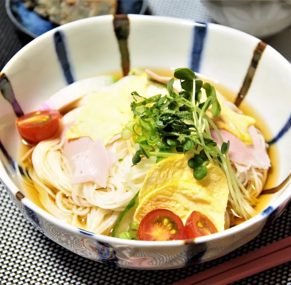 Snapdishの料理写真:手作りそうめんつゆは減塩低リン低カリウムの分も手作りで二種です。 #料理研究家指宿さゆり|【公式】料理研究家　指宿さゆり≫ｽﾀｼﾞｵ（ｽﾀｯﾌ運営）さん