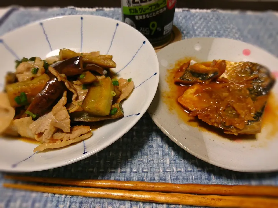 Snapdishの料理写真:☆茄子と豚肉のさっぱり炒め(味ぽん)
☆さばの味噌煮
☆strongzeroグレフル(*´ `*)|☆Chieco☆さん