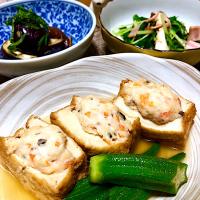 厚揚げ鶏ミンチ詰め
蒸し茄子生姜白だし浸し
水菜とベーコンの炒め物