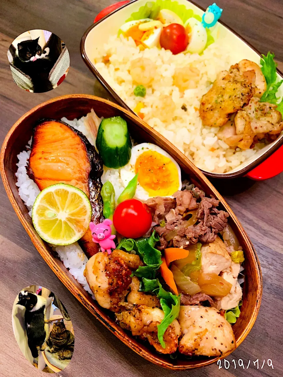 Snapdishの料理写真:ぱぱさん＆長女弁当👻
2019☆7☆9☆(火)☁️☔
🐾塩麹('-' 鮭)з
🐾肉豆腐
🐾鶏ｶﾞｰﾘｯｸ焼き
🐾ｴﾋﾞﾋﾟﾗﾌ ＆🍳🍳＆🍅＆🥒|*w*tomomi🐾🐾🐾さん