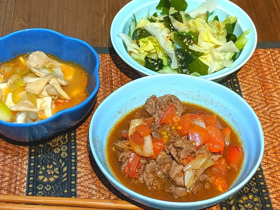 Snapdishの料理写真:チョレギサラダ＆担々豆腐＆牛肉トマト炒め|まぐろさん