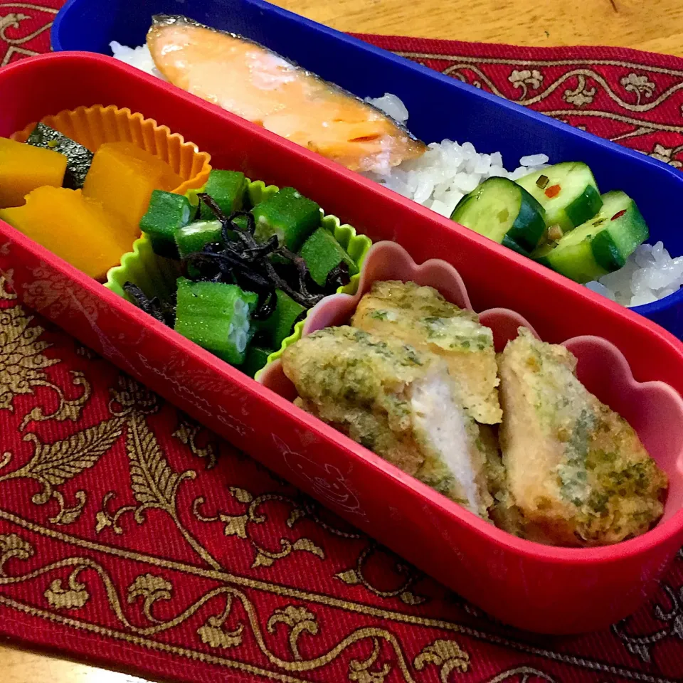 鶏ささみの磯辺揚げと、オクラの昆布和えと、南瓜の煮物と、焼き鮭弁当|もえさん