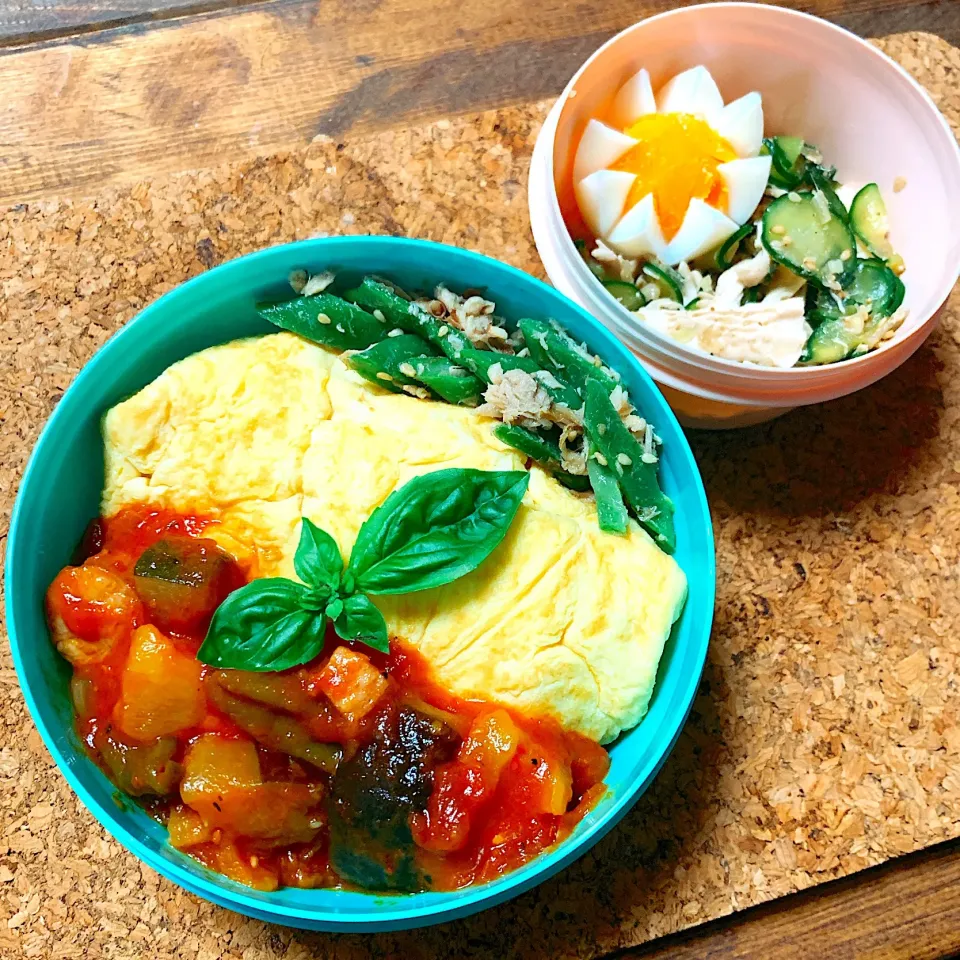 【お弁当】ラタトゥイユのオムライス&モロッコいんげんツナおかか和え&鶏キュウ薬味和え|ぽりんさんさん