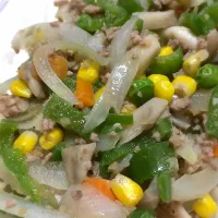 残り野菜をひき肉と炒めてみた。|にゃむさん