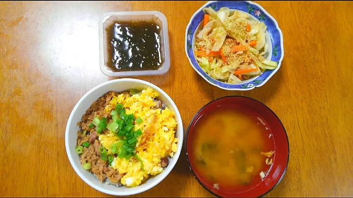 ６月３０日　ツナそぼろ　キャベツとにんじんの付け合わせ　もずく　野菜のお味噌汁|いもこ。さん