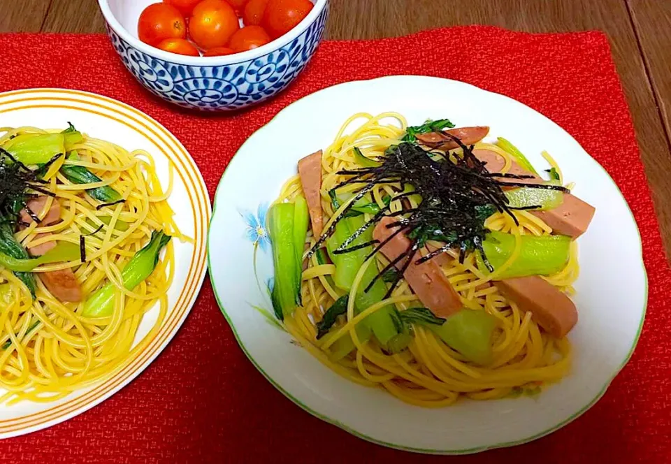 ちんげん菜とスパムのパスタ|みよっしーさん