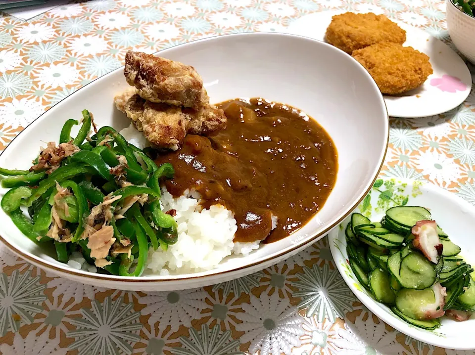 唐揚げカレー
無限ピーマン
タコの酢味噌あえ
コロッケ|FKTMPさん