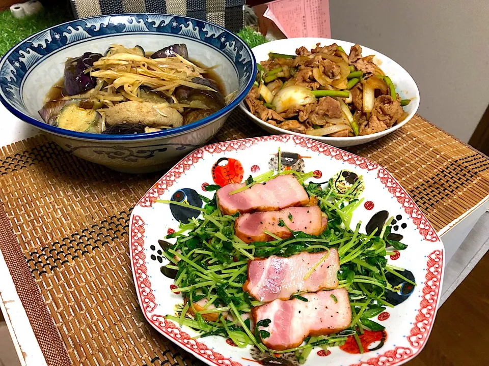 Snapdishの料理写真:豆苗と厚切りベーコンのテキサススパイス炒め  茄子とがんもの揚げ浸し  豚肉とニンニクの芽のBBQ炒め|石川洋子さん