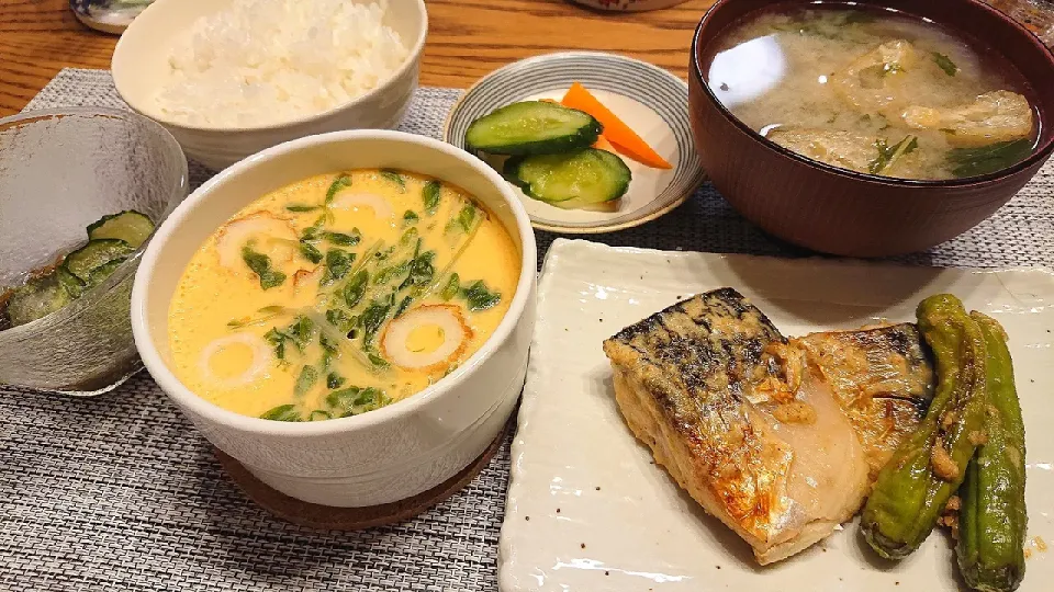 🐟サバのゴママヨ焼き
もずくきゅうり、茶碗蒸し、ぬか漬け|くみけるさん