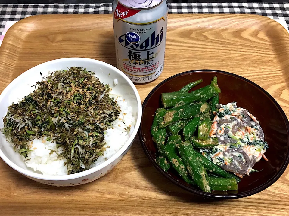 今日の夕食 ☆昆布ちりめんご飯 ☆オクラのごま和え ☆ほうれん草白和え☆ビール🍺|まぁたんさん