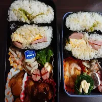 Snapdishの料理写真:おにぎらず  
※肉団子の酢豚風
＊イカフライ
＊エビグラタン
＊竹輪巻き
＊ウインナー
＊ブロッコリー
ごぼうサラダ|Naoさん