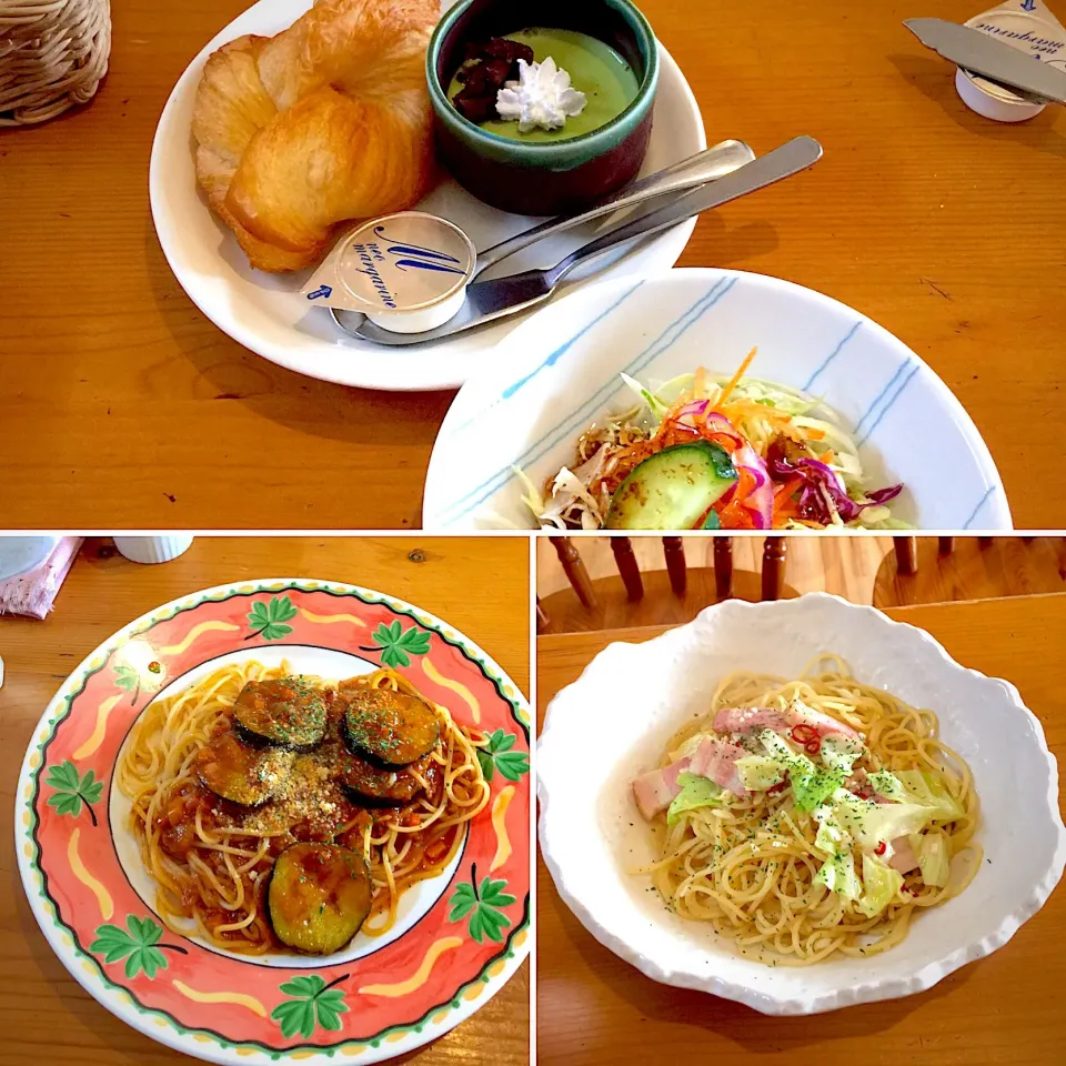 Snapdishの料理写真:茄子のボローニャ風パスタ、抹茶プリン、サラダ、
デニッシュ、  夫は、キャベツとベーコンの
ペペロンチーノ|yakinasuさん