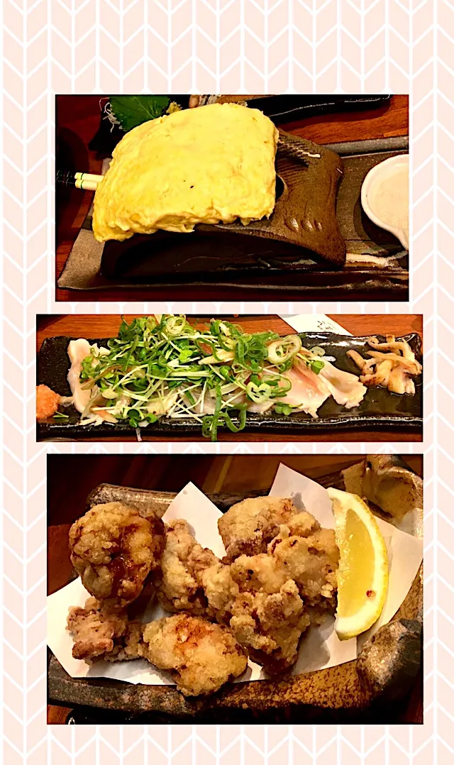 Snapdishの料理写真:焼鳥居酒屋？メニュー
・出汁巻き
・もも肉たたき
・唐揚げ
#産直居酒屋やまと|mottomoさん