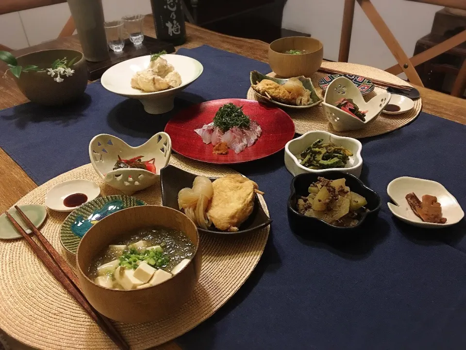 Snapdishの料理写真:土曜日の晩ごはん #日本酒  #卵巾着|ちびワビさん