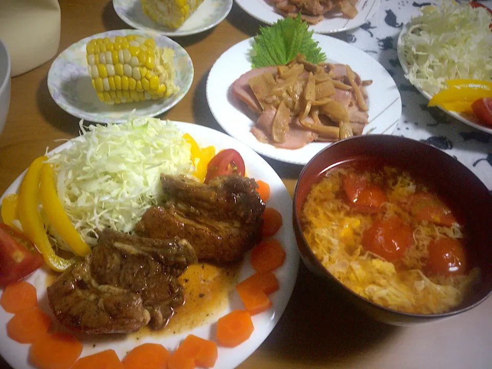 今日の男女飯絆♬︎♡
＊スペアリブのコーラ煮
＊チャーシューメンマ
＊トマト卵味噌汁
＊今季最後のとうもろこし|ひーちゃんさん