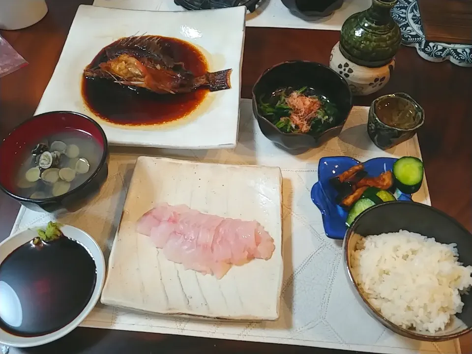 Snapdishの料理写真:アコウダイの刺し身と煮付け|しんぎーさん