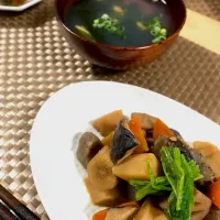 Snapdishの料理写真:#筑前煮#あさりとワカメの吸い物#かぼちゃの煮物|ケイさん