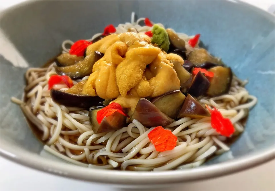 Snapdishの料理写真:揚げ茄子の煮浸しと雲丹のぶっかけ半田麺|mattさん