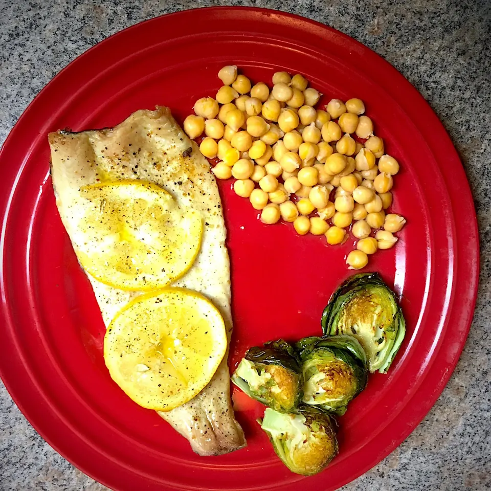 Baked Rainbow Trout Filet Seasoned With Lemon, Olive Oil, And Italian Garlic Oil; Served With Baked Brussel Sprouts and Chick Peas|Michaels Culinary Adventuresさん