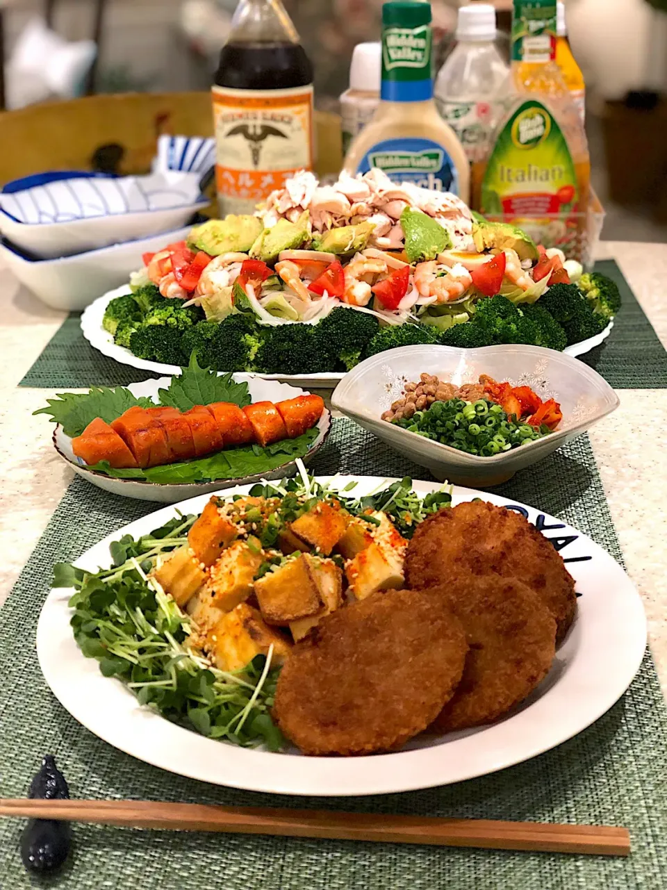 ミックスフライ！
筋肉モリモリサラダ🥗
キムチ納豆
博多明太子|Mayumiさん